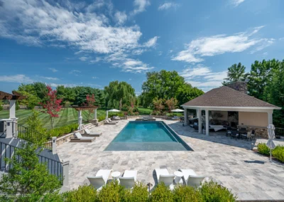 silver travertine top view near pool