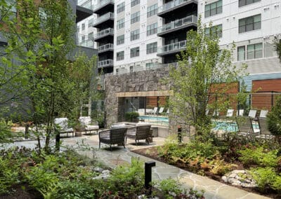 Stone fireplace in courtyard